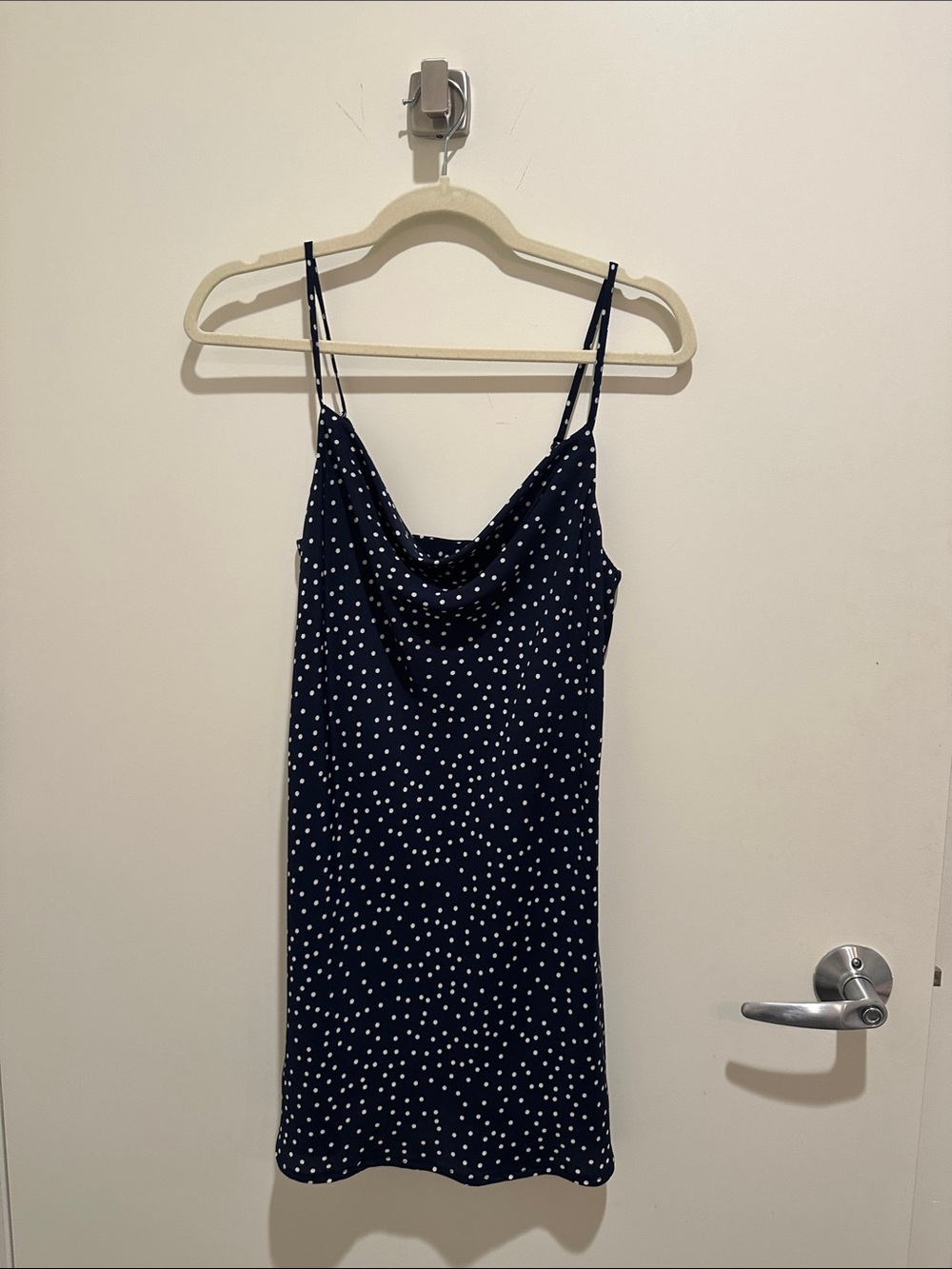 Navy Polka Dot Cowl Neck Mini Dress